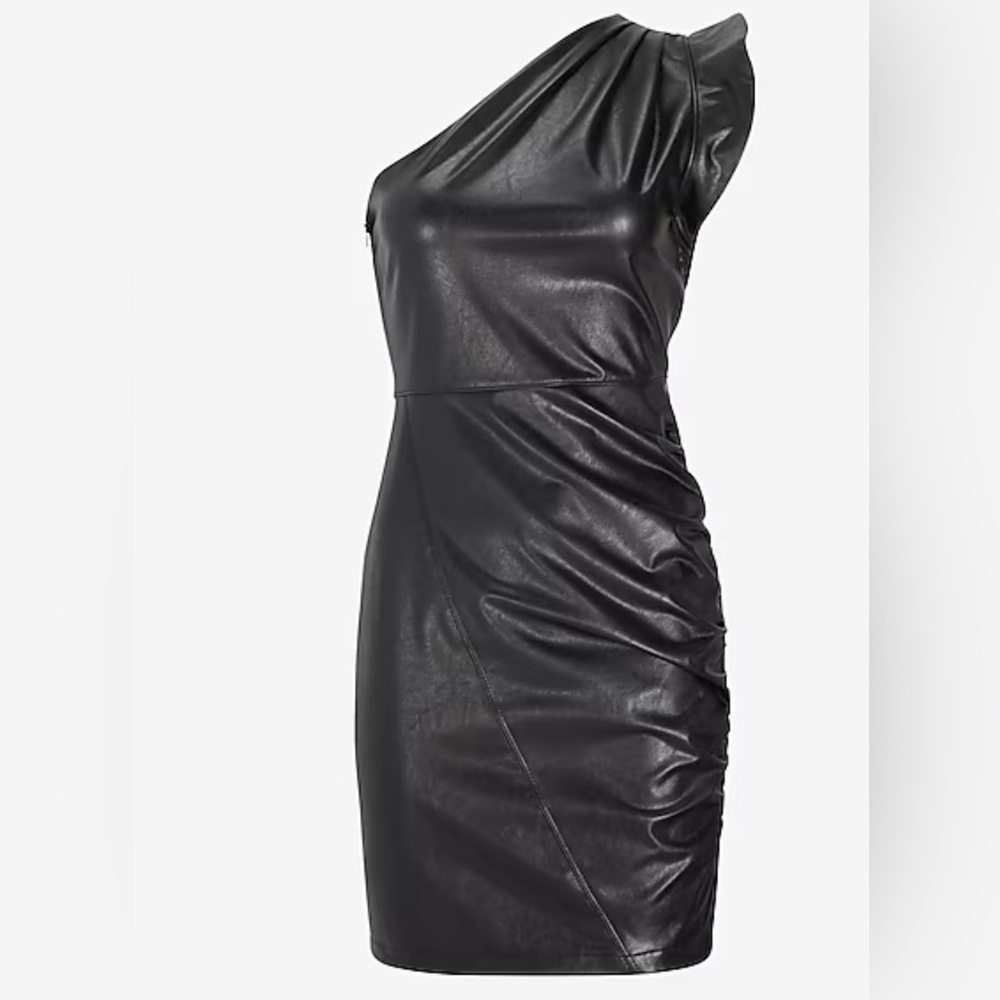 Faux Leather One Shoulder Ruched Mini Dress